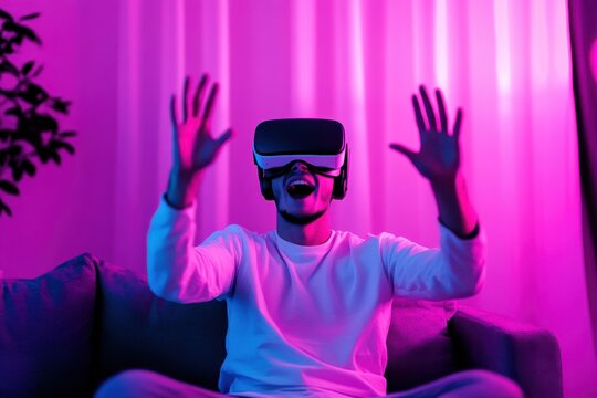 A young man sitting on a couch wearing a virtual reality headset, his hands raised in amazement