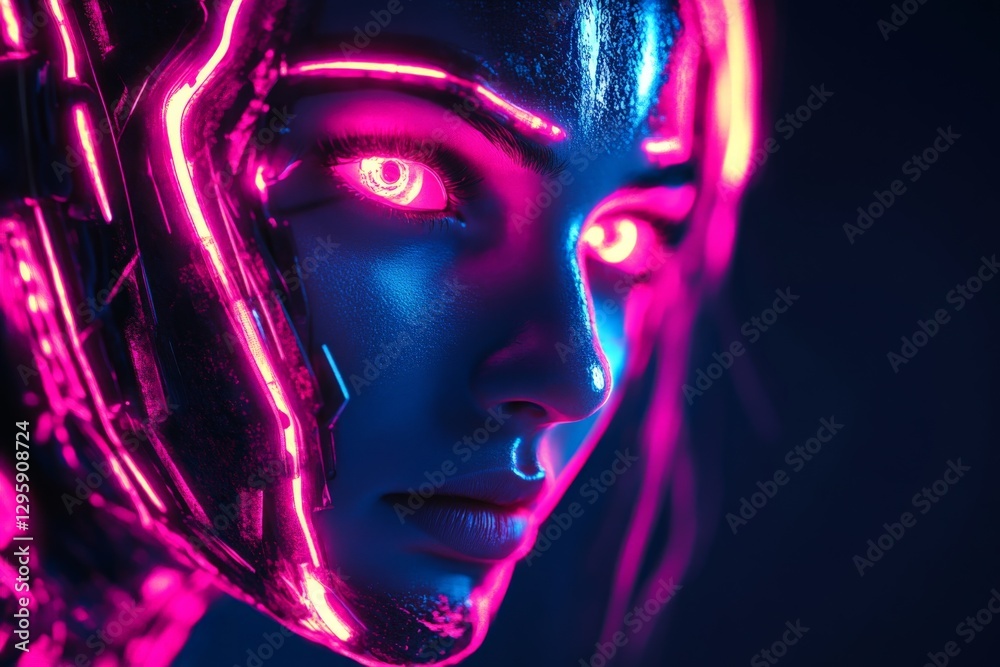 Poster futuristic close-up of a cyborg with neon lights highlighting intricate facial features in a dark en