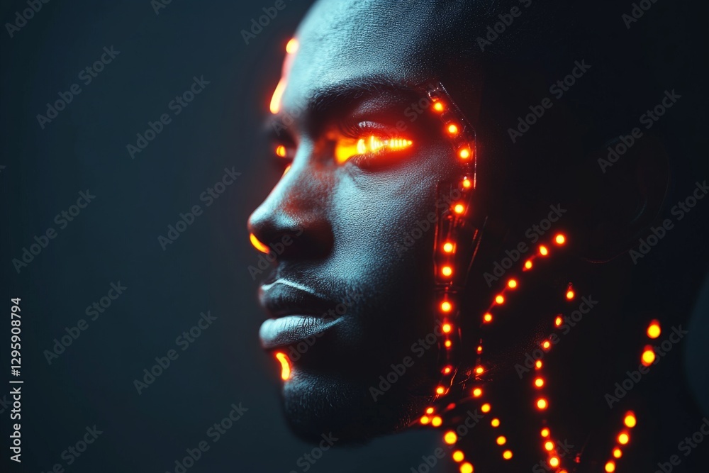 Fototapete Man with glowing circuit patterns on face and neck in dark background explores technology and identity with futuristic art