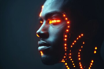 Man with glowing circuit patterns on face and neck in dark background explores technology and identity with futuristic art