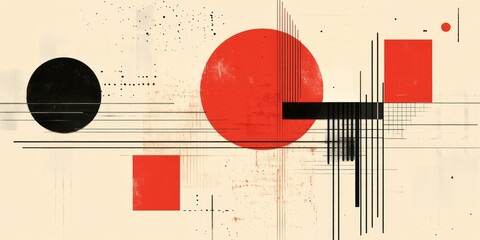 Obraz premium Abstract geometric composition featuring circles squares and linear elements
