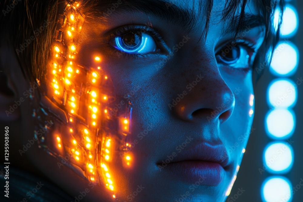 Poster boy with luminous circuits on his face, showcasing advanced technology and vibrant lighting in a fut