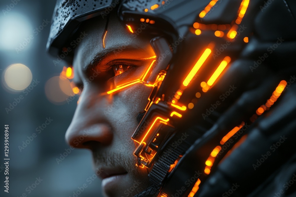 Poster close-up of a futuristic cybernetic face with glowing orange accents and intense expression in a dim