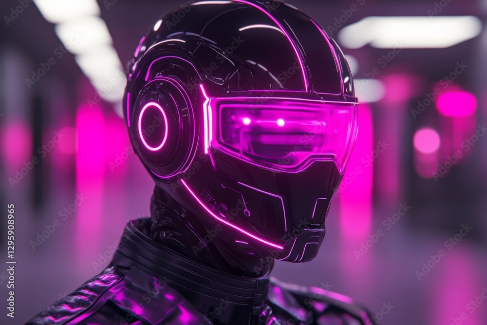 Poster futuristic robot with glowing visor stands in a high-tech environment at night