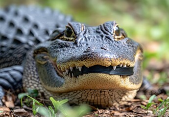 Fototapeta premium Close-Up of Alligator Head Showcasing Unique Textures, Sharp Teeth, and Glistening Eyes Surrounded by Nature in a Lush Green Environment