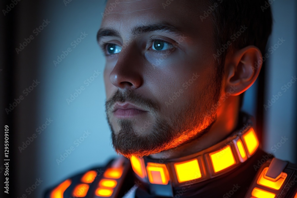 Poster portrait of a man in futuristic attire with glowing accents reflecting a modern sci-fi aesthetic in 
