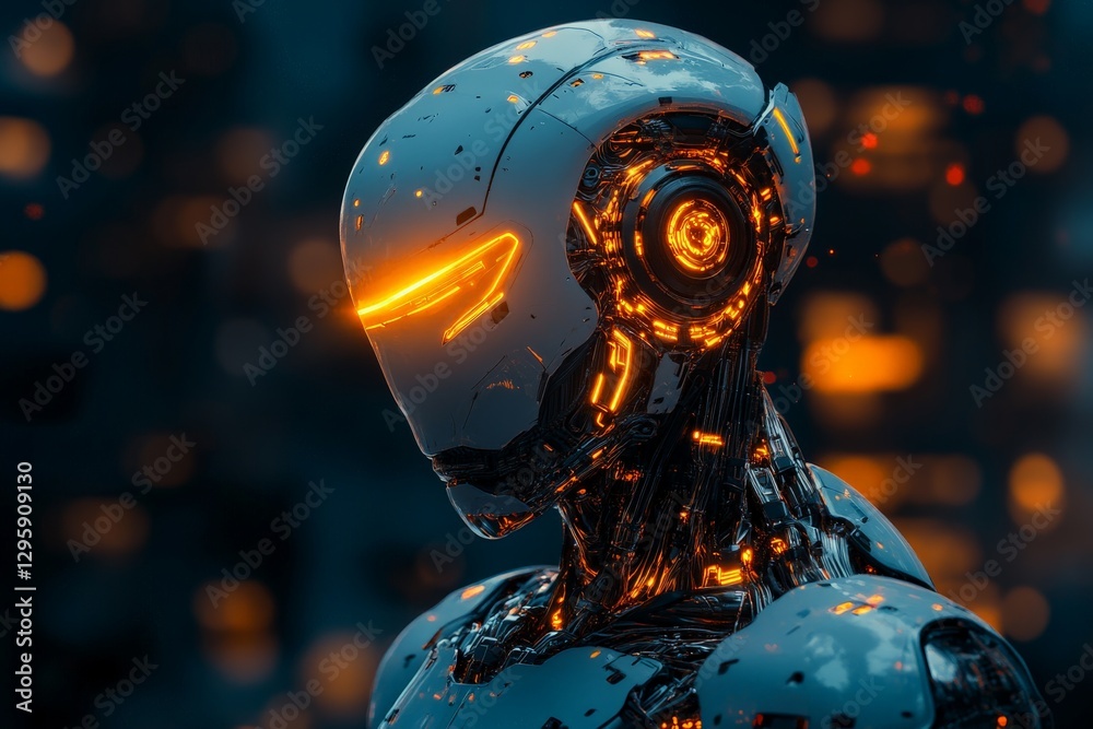 Poster futuristic robot character with glowing elements in a neon-lit urban environment at night
