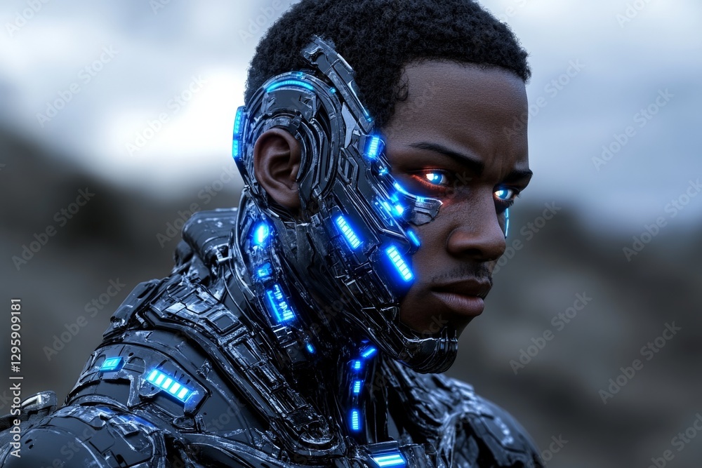Aufkleber Futuristic humanoid robot with glowing blue elements stands against a cloudy sky during twilight