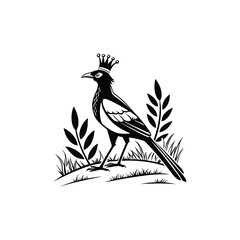 Royal Crested Bird Silhouette Standing on Grass – Vector Art