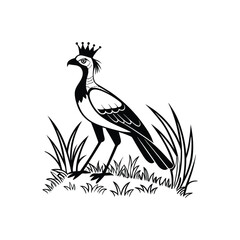 Royal Crested Bird Silhouette Standing on Grass – Vector Art