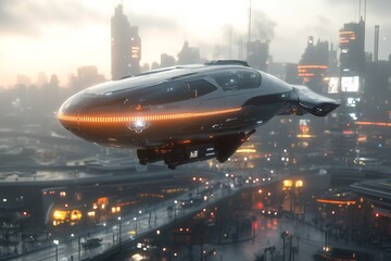 Naklejka premium Futuristic flying vehicle soaring above a neon-lit cityscape during rainy twilight conditions