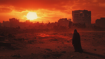 A barren wasteland after nuclear war, dark red sky, skeletal buildings in the distance, and a lone figure in a tattered cloak searching for supplies.