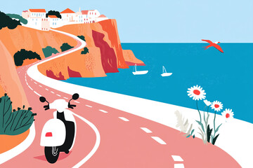 Vector illustration of the coastal road in Amalfi Coast, Italy, with winding roads, cliffs, and the blue sea, simple, hand painted, bold colors