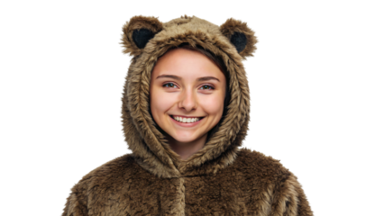 young woman in bear costume isolated on white