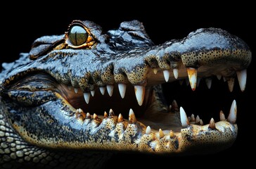 Obraz premium Close-up of Alligator Head with Textured Skin and Sharp Teeth Against a Dark Background