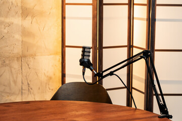 Podcast recording setup with microphones and a cozy environment for engaging conversations