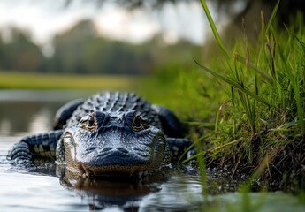 Obraz premium Close-Up of Alligator in Natural Habitat with Lush Greenery and Reflections in Water, Capturing Wildlife Serenity and Predatory Grace in the Wild