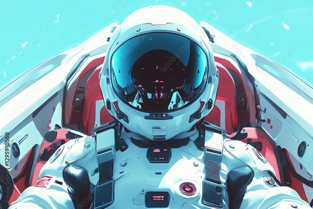 Aufkleber astronaut inside a futuristic spacecraft cockpit surrounded by high-tech controls and a bright blue 