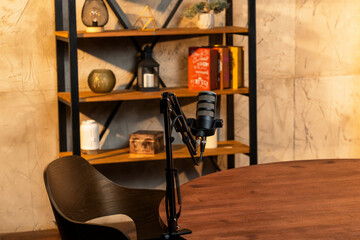 Engaging podcast setup with microphones and inviting interior decor for stimulating conversations