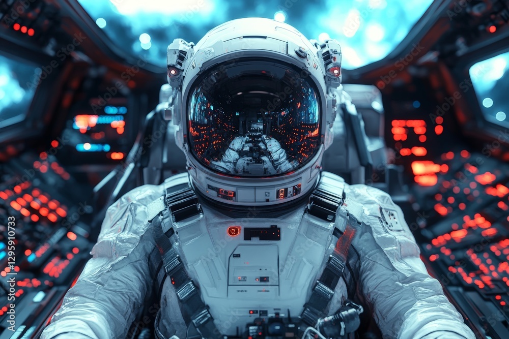 Poster astronaut in a futuristic spacecraft cockpit surrounded by glowing control panels and high-tech equi