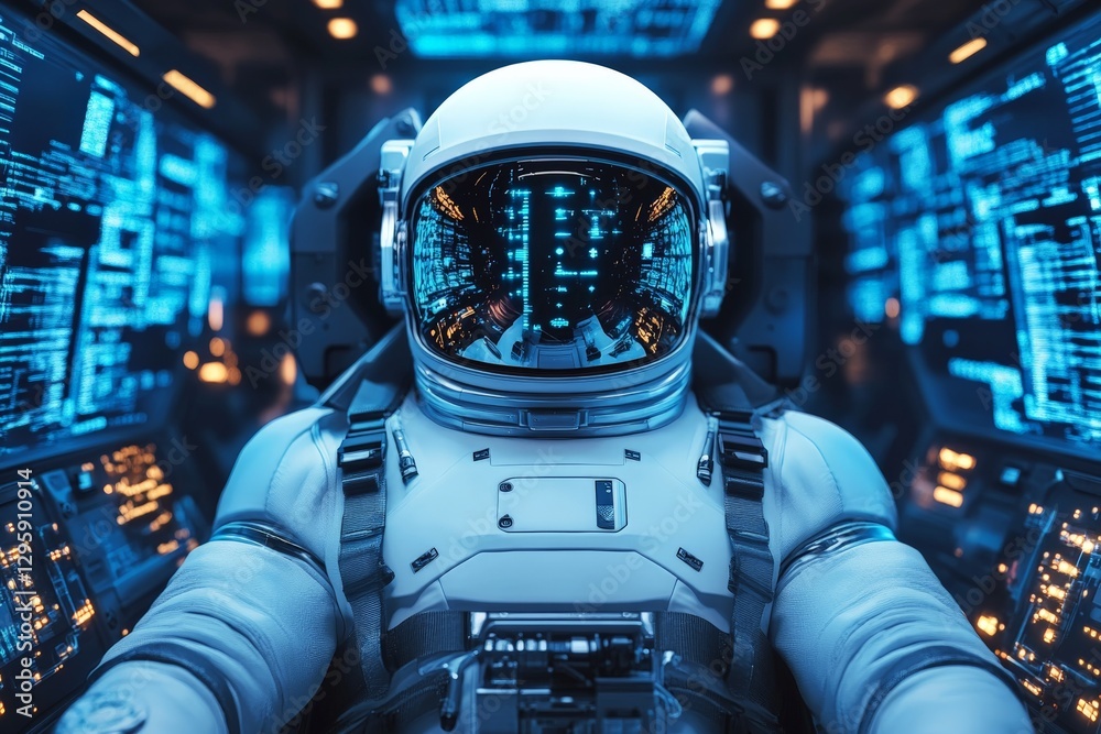 Poster Astronaut operates advanced technology in a futuristic spacecraft control room filled with illuminated screens