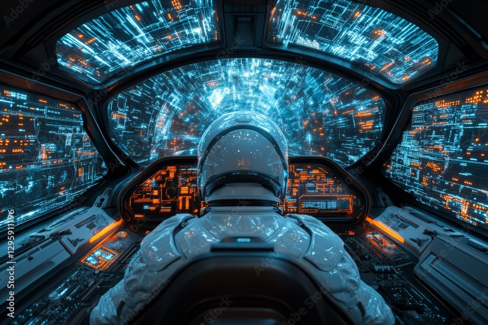 Poster Spaceship cockpit with digital interface and astral journey into the cosmos