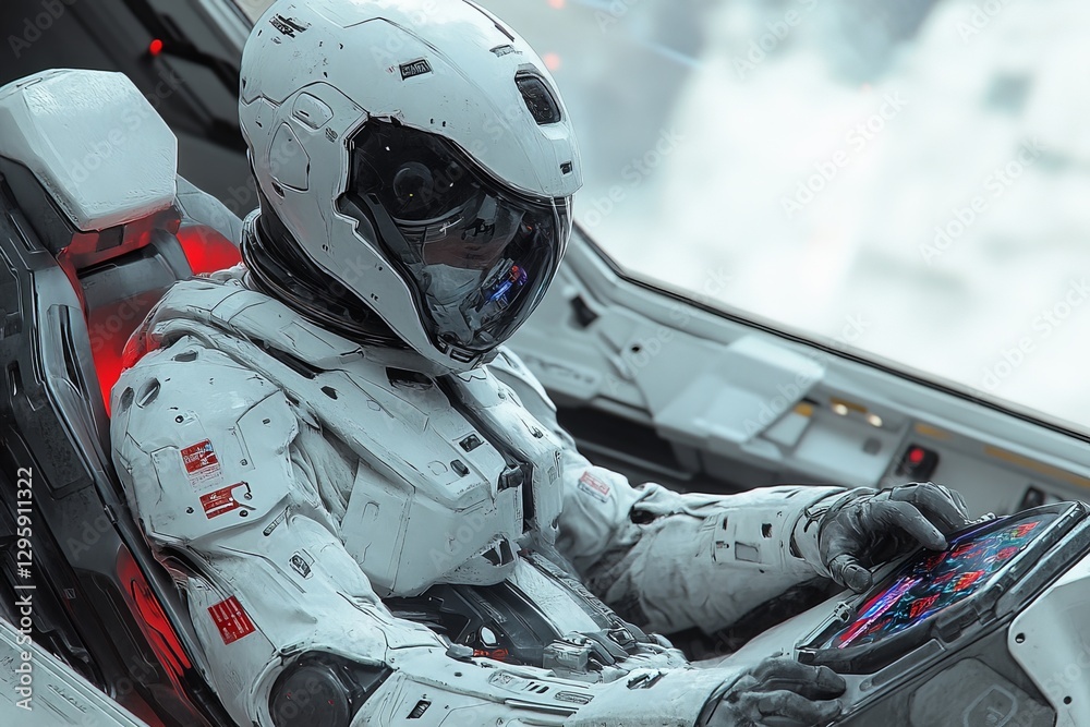 Poster Astronaut operates advanced control panel in futuristic spacecraft during a deep space mission