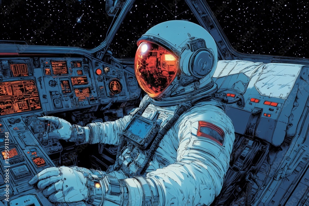Poster Astronaut controls spacecraft while navigating through outer space on a journey of exploration and discovery