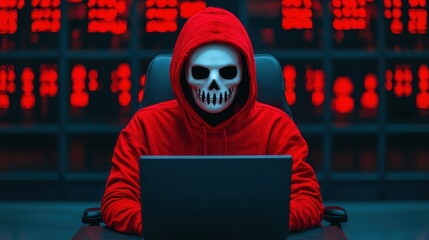 A mysterious figure in a red hoodie with a skull mask sits before a laptop, illuminated by a backdrop of red lights, evoking a hacker vibe.
