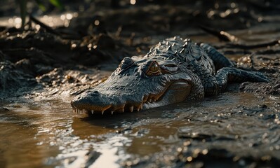 Obraz premium Close-Up of Alligator Lurking in Shallow Water with Detailed Texture and Sharp Features in Natural Habitat Environment