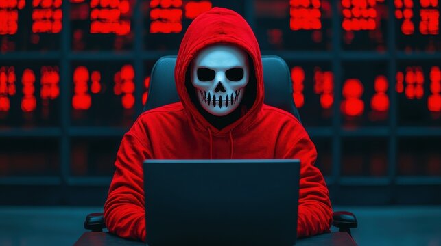 A mysterious figure in a red hoodie with a skull mask sits before a laptop, illuminated by a backdrop of red lights, evoking a hacker vibe.