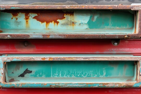 Rusty teal mail slots, red wall, urban backdrop, design texture