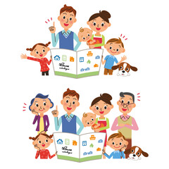 不動産物件をカタログを見て探してる家族