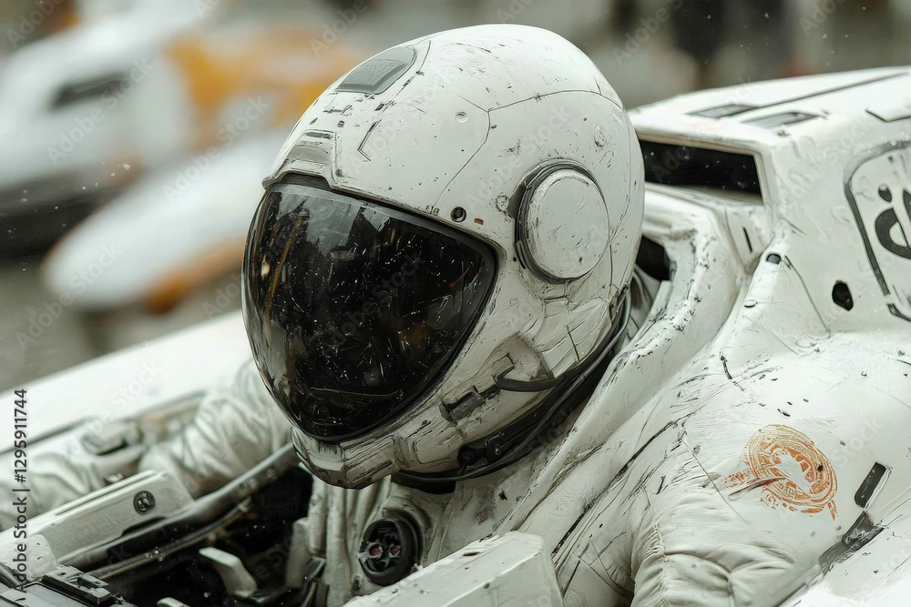 Poster astronaut in a futuristic spacecraft prepares for a mission in a bustling spaceport environment duri