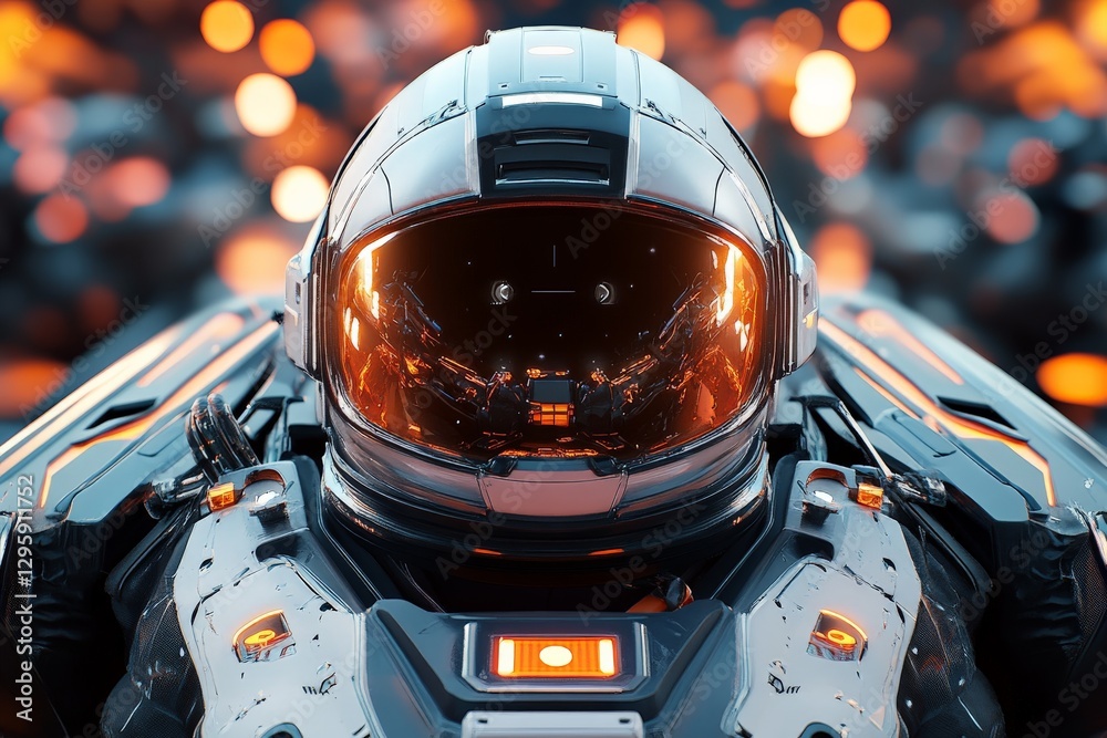 Poster Futuristic astronaut with reflective visor explores an advanced technological environment illuminated by glowing lights