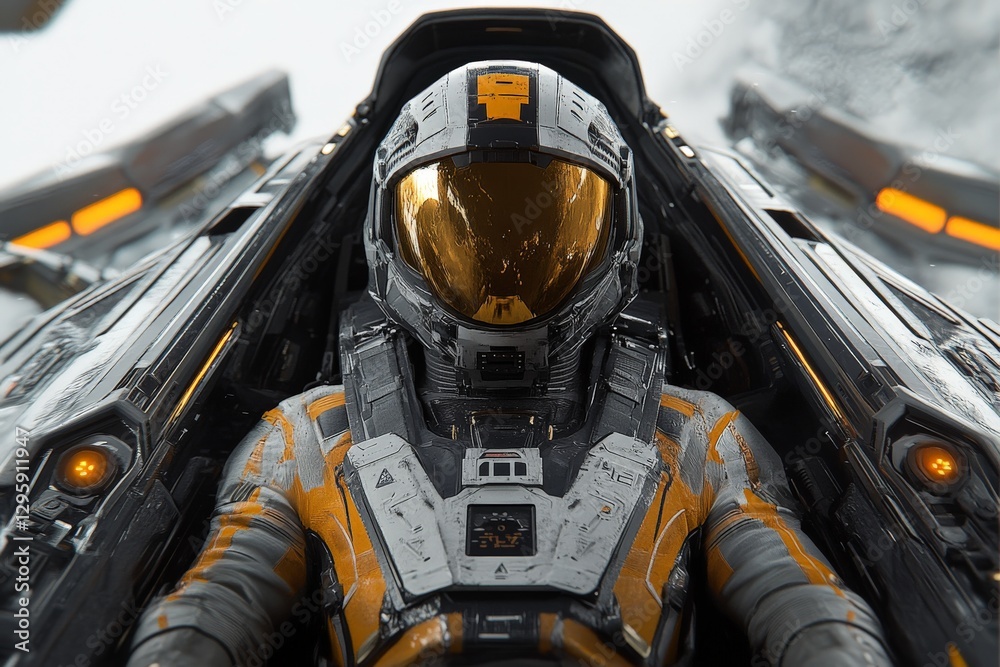 Poster astronaut in high-tech spacecraft preparing for deep space mission