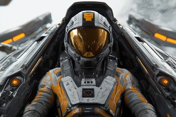 Astronaut in high-tech spacecraft preparing for deep space mission