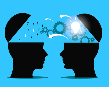 Knowledge or ideas sharing between two people head, transferring knowledge, innovation, brain storming concept