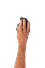 Male hand using a grey computer mouse isolated no background cutout