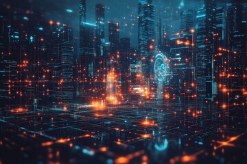 Naklejka premium Futuristic cityscape illuminated by glowing technology and vibrant digital signals at night