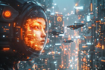 Fototapeta premium Futuristic cityscape featuring a woman with a high-tech visor amidst glowing buildings and spacecraft at twilight