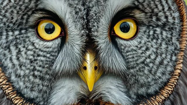 Great grey owl displays striking features in closeup view showcasing intense yellow eyes and detailed plumage, Great grey owl (Strix nebulosa) close up