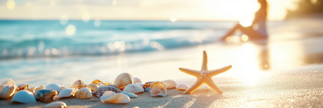Starfish and seashells creating summer vacation memories on beach at sunset