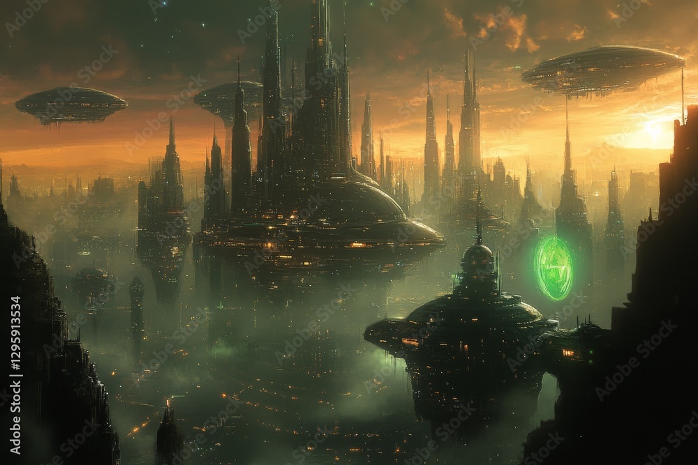 Poster Futuristic cityscape with hovering structures illuminated by vibrant lights during twilight hours