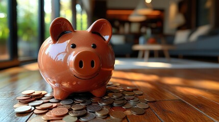 Charming piggy bank with scattered coins represents savings and financial planning in a modern interior, emphasizing the importance of budgeting and saving for the future.