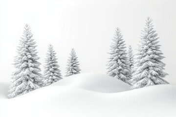 Naklejka premium Winter landscape, snow-covered pine trees, white forest, serene scenery, minimalist design