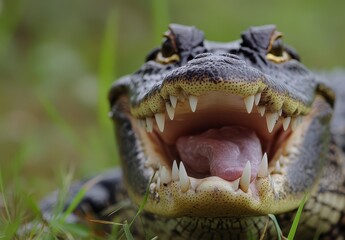 Obraz premium Close-Up of Alligator Snapping Turtle with Open Mouth Showcasing Sharp Teeth and Distinctive Features Crawling in Lush Green Grass Among Nature's Beauty