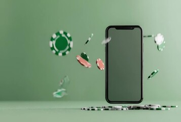 Smartphone displaying online casino gambling with falling poker chips