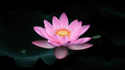 A beautiful pink lotus flower blooms against a dark background