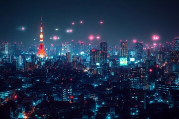 City skyline illuminated at night with Tokyo Tower and vibrant lights in Tokyo, Japan